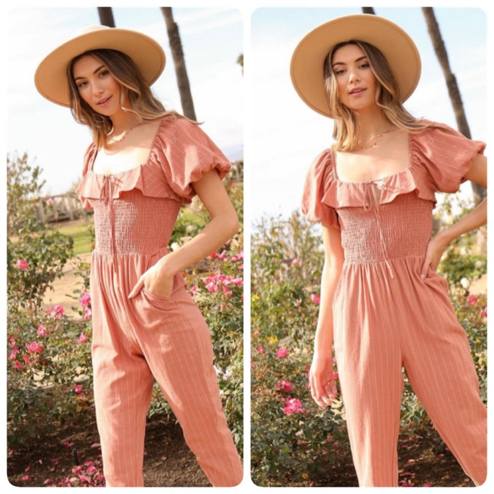 Lumiere Terracotta Striped‎ Jumpsuit Smocked Bodice Bubble Sleeve NWT M #NP41018